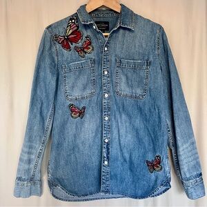Lucky Brand Butterfly Embroidered Denim Shirt Boyfriend Button Up S Cotton